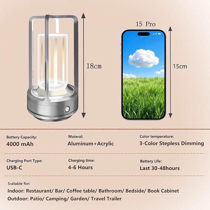 Set of 2 Cordless Table Lamps, LED Rechargeable Table Lamp with 3 Color Stepless Dimmable, Indoor/ Outdoor Table lamp for Patio/ Camping/ Bar/ Coffee/ Restaurant/ Bathroom (Silver 2 Pcs)