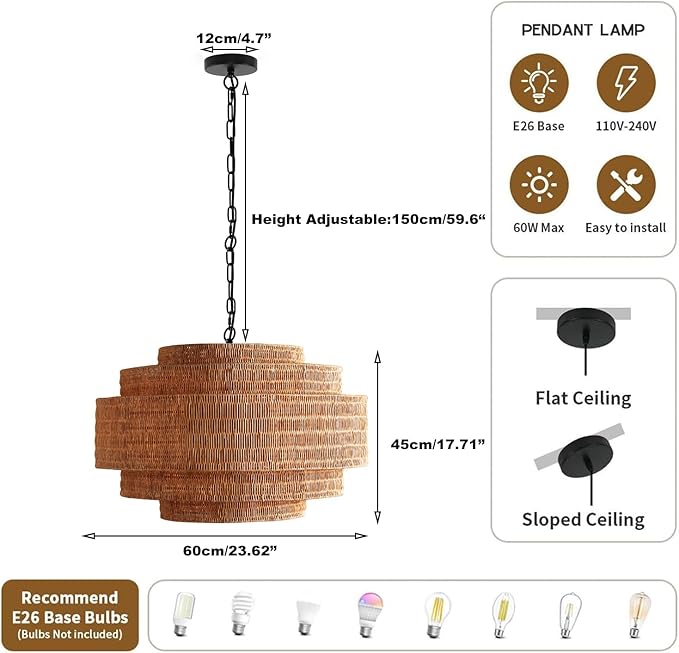 Foyer Chandelier 5-Light Rattan Chandelier Lighting Hand Woven Boho Wicker Hanging Pendant Light Fixture 23.6" Large Chandeliers for Dining Room Kitchen Living Room Bedroom