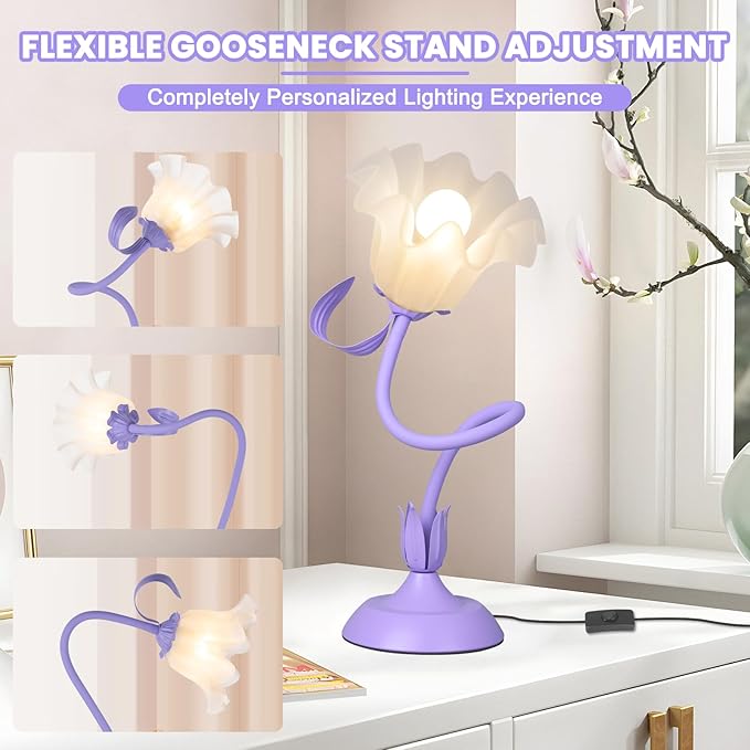 Vintage Flower Bedside Desk Lamp, 3 Color Modes with E26 Bulb, Small LED Unique Gooseneck Cute Table Lamp for Living Room, Modern Night Light for Kids Bedroom Decor, Girls Reading, Office, Purple