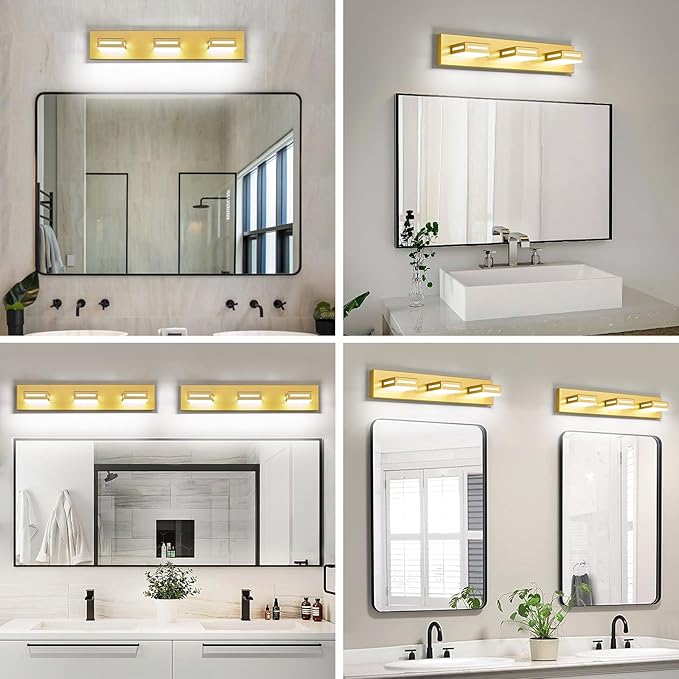 24-Inch 3-Light LED Modern Gold Bathroom Vanity Light Fixtures Over Mirror, Bathroom Lighting Fixtures with Cool White 6000K, Vanity Wall Lights for Bath Restroom Powder Room
