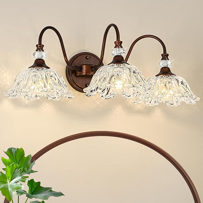 Oil Rubbed Bronze Bathroom Vanity Light, 3-Light Vintage Vanity Light with Floral Clear Glass Shades, Retro Wall Mount Lighting for Bathroom, Dressing Table