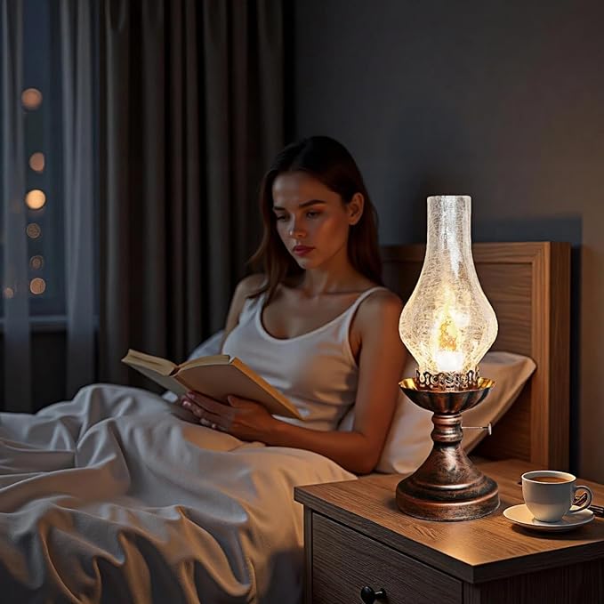 Vintage Table Lamp - 3 Modes Dimmable Retro Rustic Desk Lamp with Crackle Glass Shade, Antique Victorian Style, E26 Bulb Included, Ideal for Bedroom, Living Room, Home Decor (Transparent Glass)