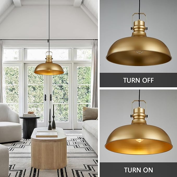 Gold Farmhouse Pendant Lights 16 Inch Matte Pendant Lighting for Kitchen Island Industrial Adjustable Height Vintage Dome Hanging Light Fixtures for Barn, Dining Room 2 Packs