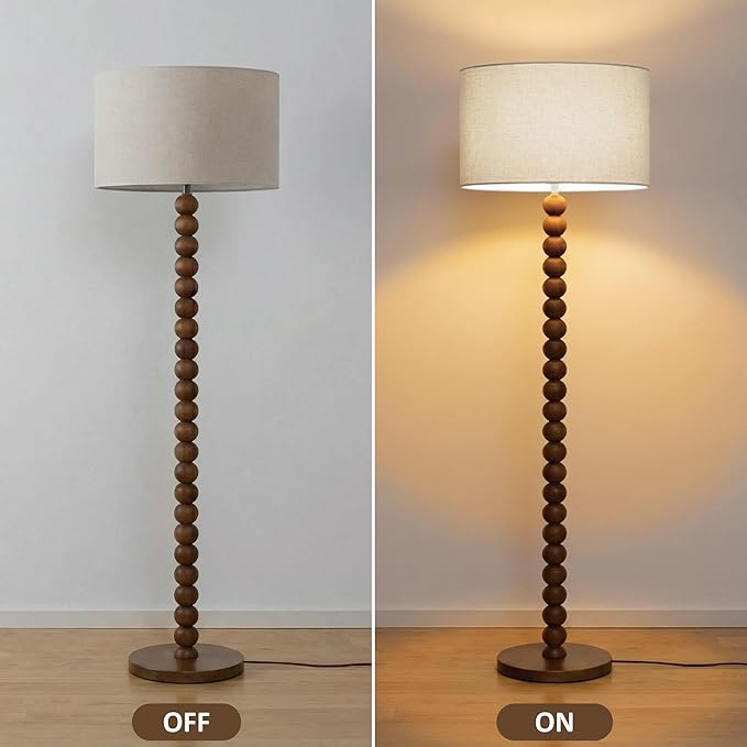 Buruis 61" Beaded Wood Floor Lamp with 17.2" Large Linen Shade, UL Listed, Retro Mid-Century Accent Walnut Finish Standing Lamp for Living Room, Bedroom, Office, Corner, Cream