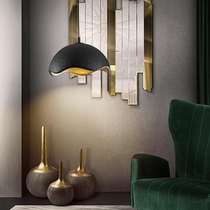JAYMP 15.7" Modern Pendant Light for Dining Room Kitchen Island Hanging Lamp E26 Base Japanese Wabi-Sabi Style Bird Nest Shape Lighting Fixture, 1 Pack (Black + Gold,D Shape, 40cm/15.7inch)