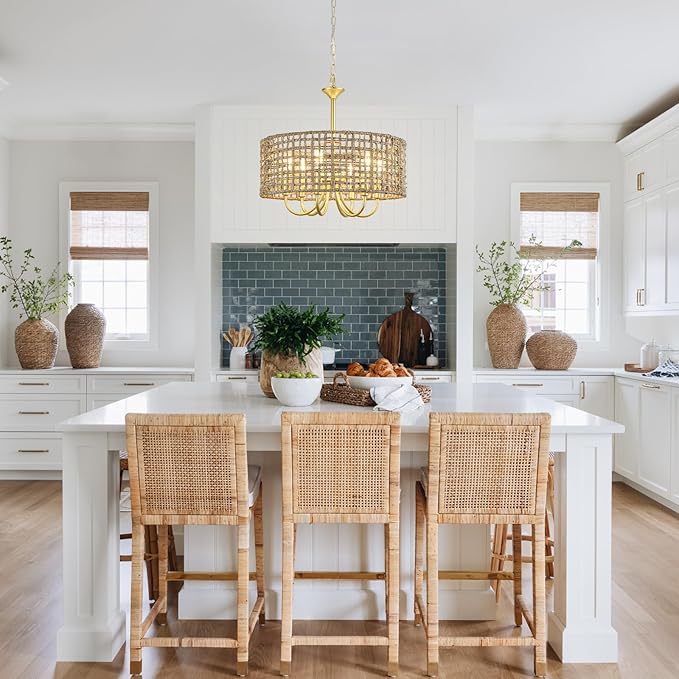 6-Light Large Woven Rattan Chandelier, 17.7'' Boho Pendant Light Gold Drum Hanging Light Fixture, Coastal Handwoven Wicker Chandeliers for Dining Room Living Room Kitchen Hallway