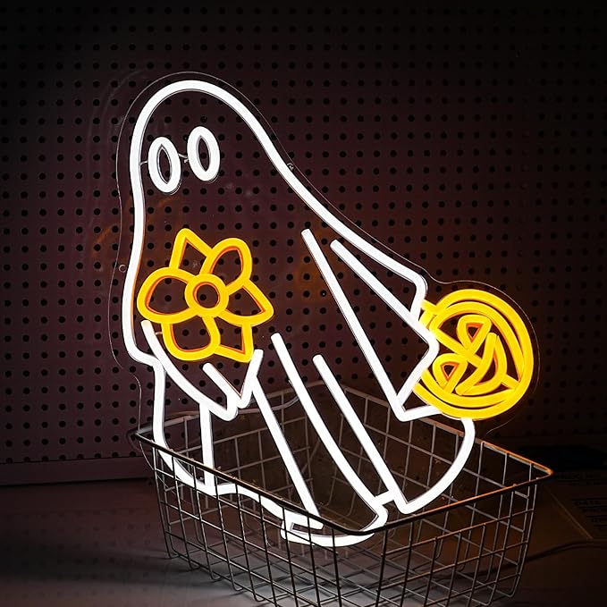 Ghost Neon Sign for Wall Decor Dimmable USB Powered Pumpkin Led Light sign Halloween Ghost Neon Light for Halloween Party Game Room Neon Decor (Yellow White)