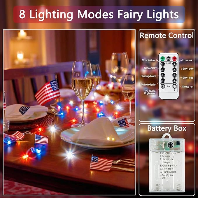 4th of July Decoration Lights, 3 Pack Red White and Blue Fairy Lights Battery Operated with Timer & Remote, Waterproof Patriotic Light Indoor Outdoor 8 Modes for Independence Day Memorial Day Decor