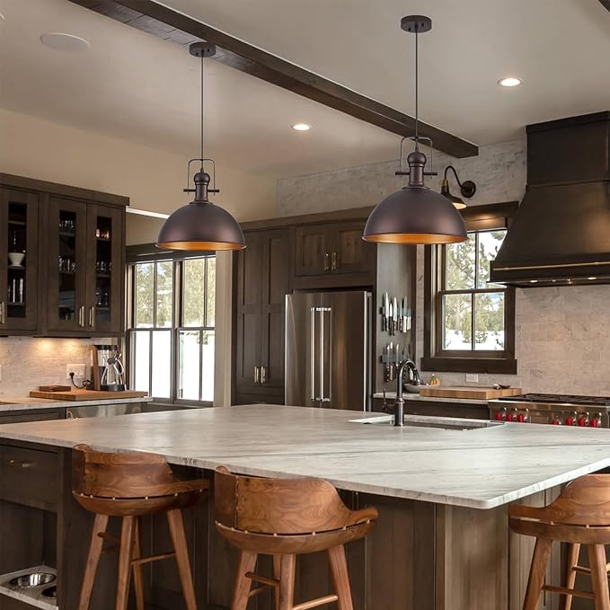 12 Inch Oil Rubbed Bronze Farmhouse Pendant Lights Large Pendant Lights for Kitchen Island Industrial Adjustable Height Vintage Big Dome Hanging Light Fixtures for Barn, Dining Room 1 Pack