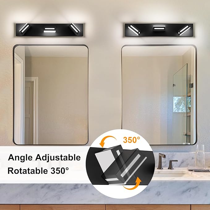 24-Inch 3-Light LED Modern Black Bathroom Vanity Light Fixtures Over Mirror, Bathroom Lighting Fixtures with Cool White 6000K, Vanity Wall Lights for Bath Restroom Powder Room