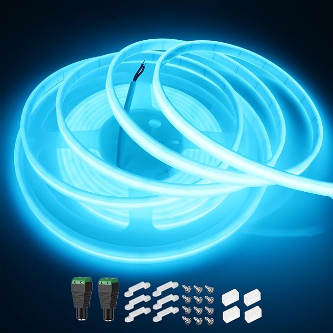 COB LED Strip Lights Waterproof IP67 Ice Blue DC12V 16.4ft/5m 480LEDs/m 8mm Cuttable LED Rope Lights for Outdoor Pools Holiday Party DIY Decor