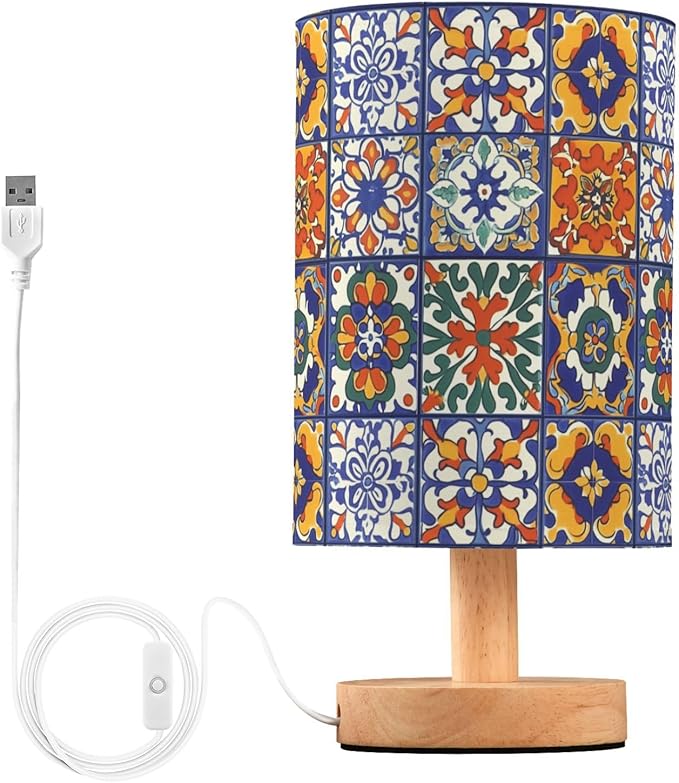 Mexican Tile Patterns Colorful Ethnic Bedside Table Lamps with USB Port for Bedroom Lamp Accent Table Lamp Small Nightstand Lamp Sturdy Linen Shade Wooden Base Decorative Lamps for Kids|Dorm|Home
