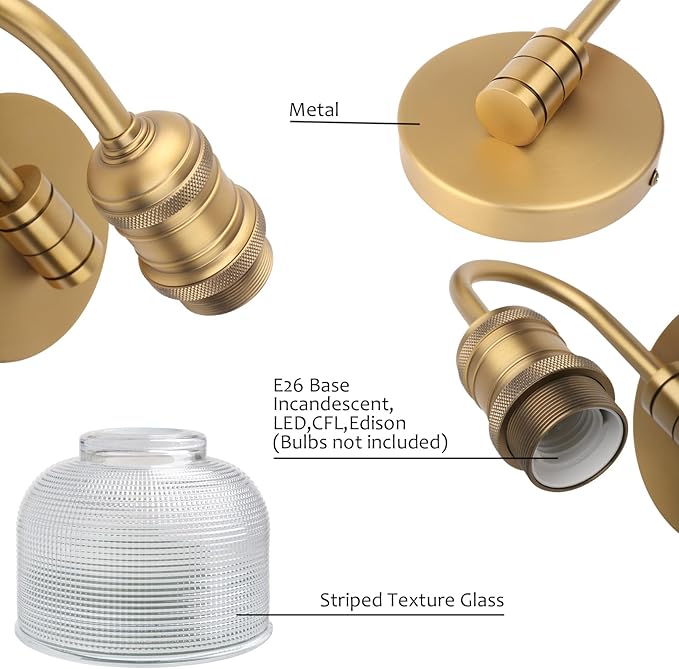 Yosoan Brass Gold Vintage Wall Sconce with Striped Shade, 1-Light Modern Vanity Light Industrial Single Wall Mounted Hardwired Bowl Texture Glass Shade for Living Room Bedroom Kitchen Hallway(Antique)