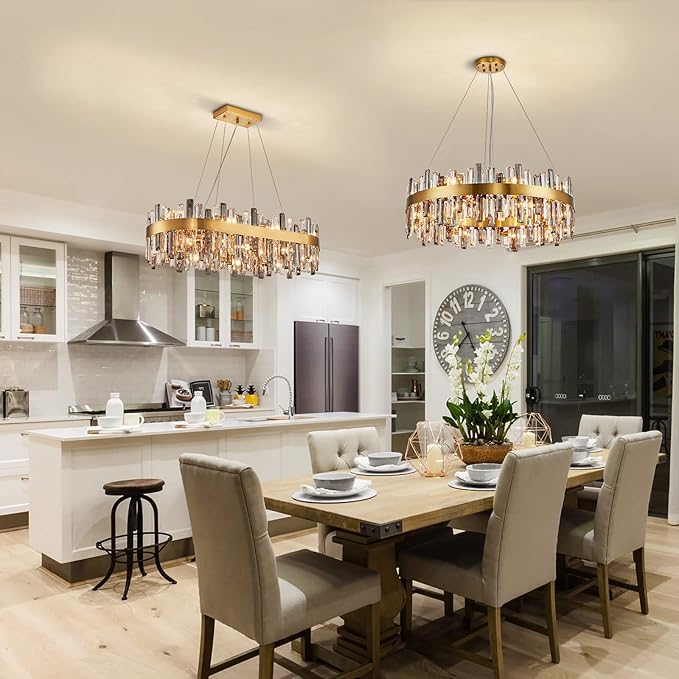 Siljoy 16 Lights Modern Crystal Chandelier Luxury Gold Round 2-Tiers Raindrop Crystal Chandelier Flush Mount Pendant Ceiling Light Fixture for Dining Room Living Room Entryway Foyer D31.5'' x H9.8''
