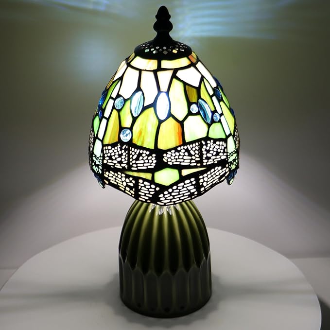 Tiffany Lamp Stained Glass Mushroom Table Lamps 6X6X12.5 Inch Amber White Dragonfly Style Small Night Light Ceramic Base Mini Accent Desk Light Suitable for Bedside Table Bedroom Children Room
