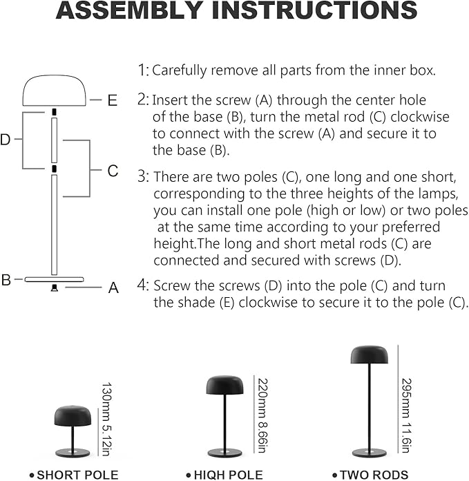 Cordless Rechargeable LED Table Lamp, USB Powered Touch Control Light, Adjustable Height, Perfect for Couples' Dinner, Restaurants, and Camping (Black)
