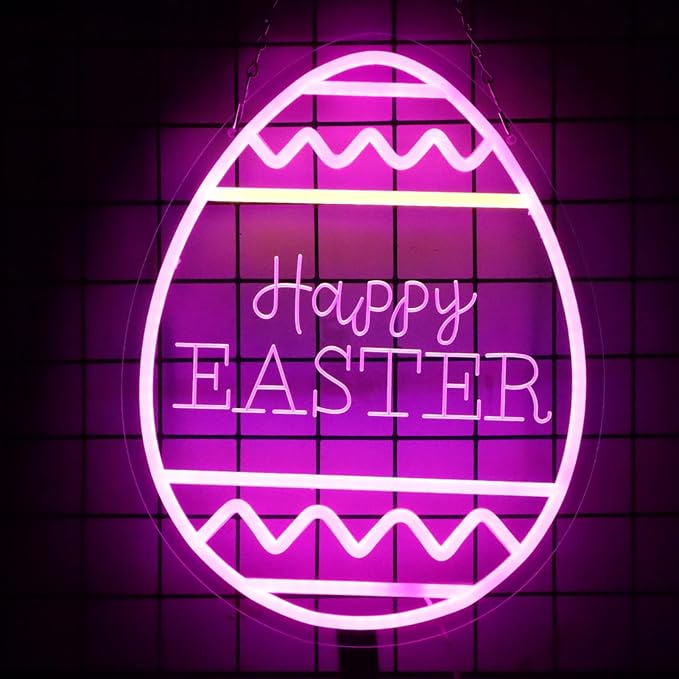 Happy Easter Neon Sign LED Aesthetic Living Room Decor Rabbit Decorative Window Lights for Girls Kids Bedroom Wall Home - 13 inches x 14 inches - Pink - Modern - Window Mount - Easter Decor