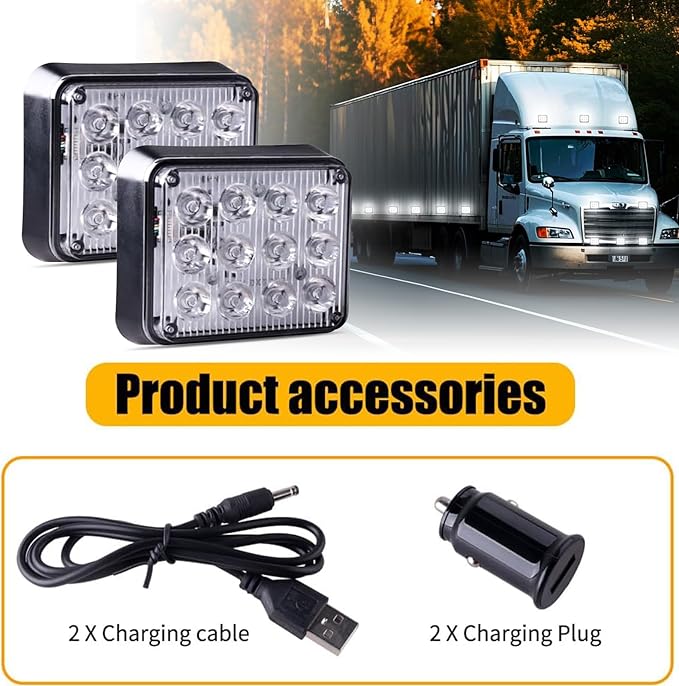 2PCS Battery Operated Led Strobe Light, Magnetic Wireless LED Rechargeable Strobe Light for Trucks Car Surface Mount Beacon Warning Emergency Flashing Light for Vehicles Trucks Tow (White)