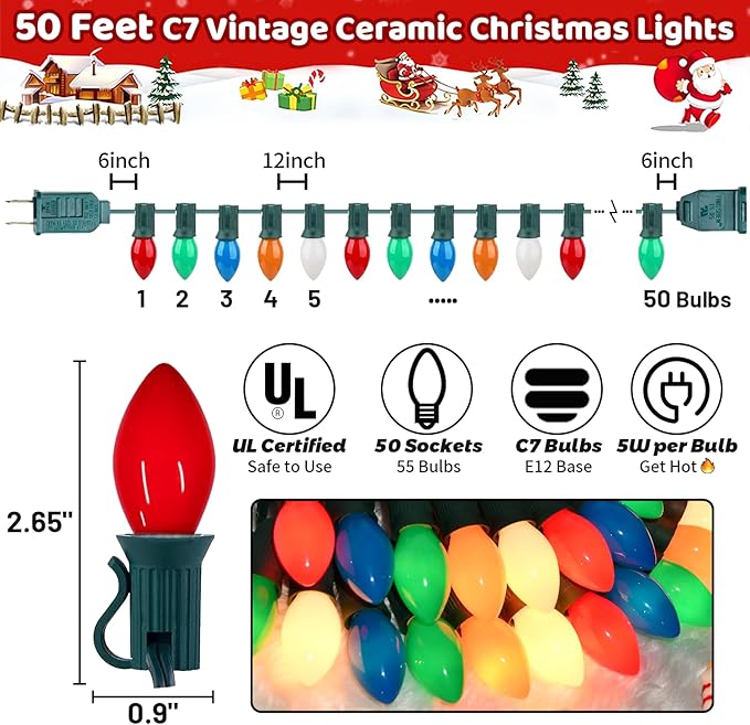 Christmas Decorations - 50 Feet C7 Vintage Christmas Lights Multicolor Christmas Tree Lights Outdoor Christmas String Lights with 50+5 Pack Bulbs for Christmas Tree Home Patio Yard Decor, E12 Base
