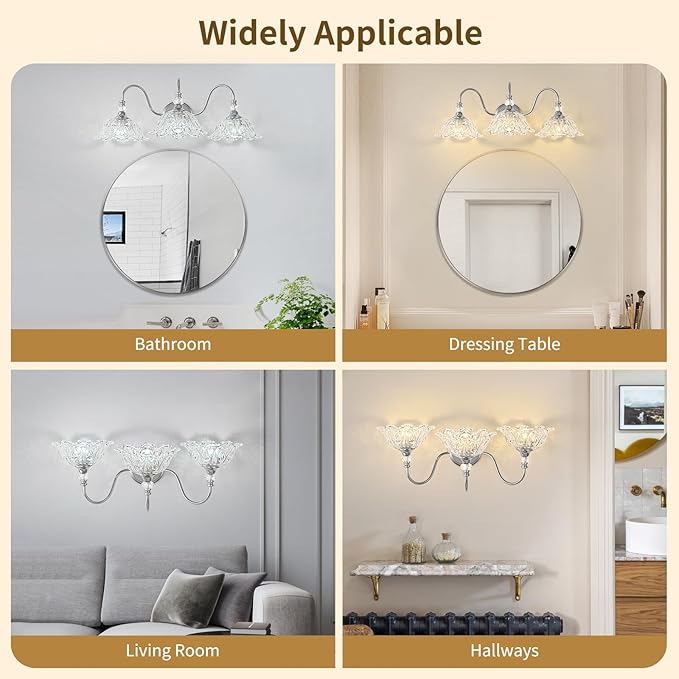 Brushed Chrome 3-Light Bathroom Vanity Light with Floral Clear Glass Shades, Modern Wall Mount Lighting for Bathroom, Dressing Table