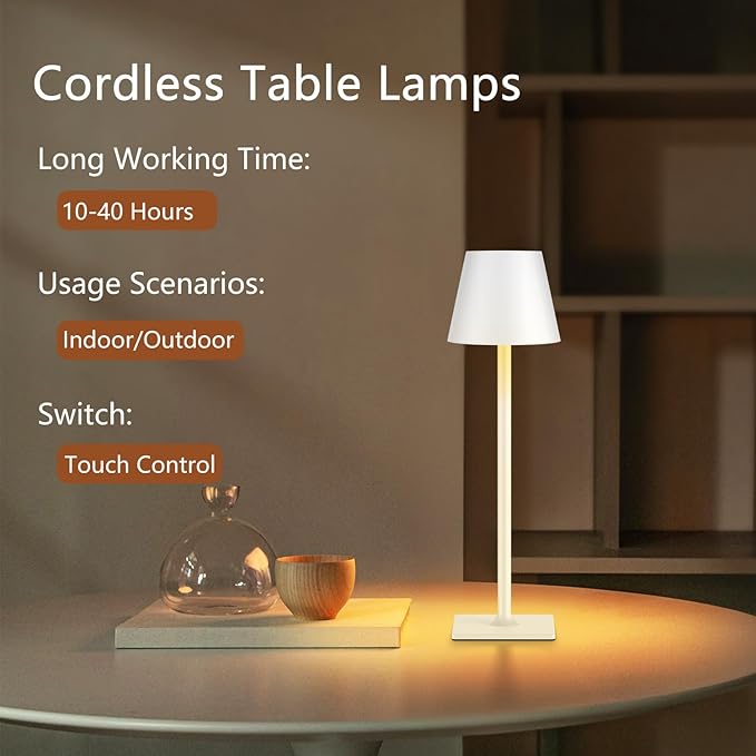 White Cordless Table Lamp Set of 2 for Patio Restaurant Home Dinner Kitchen
