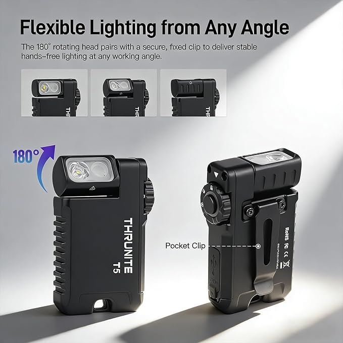 ThruNite T5 Rechargeable EDC Flashlight, 523 Lumens 180° Rotating Head Flat Pocket Light, Versatile RGB & White LED, Magnetic Base Hands-Free Work Light for Hiking, Repair, Emergency, Gifts for Men