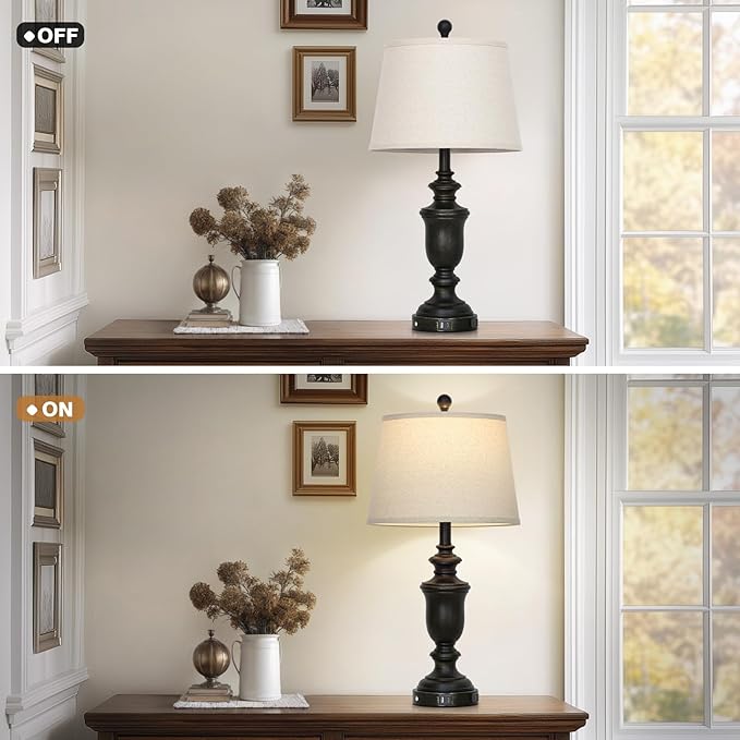 26" Black Table Lamps Set of 2 with USB C+A Ports & AC Outlet for Farmohouse Living Room Retro Bedroom,3-Way Dimmable Touch Lamp Resin Bedside Lamps for Nightstand Side End Table,Black