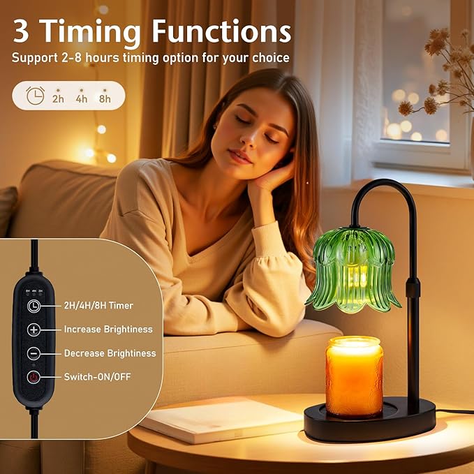 Adjustable Candle Warmer Lamp with Timer - Green Lampshade + Black Base