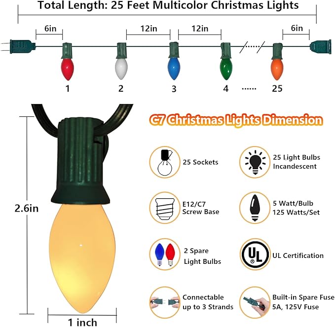 C7 Multicolor Christmas Lights Outdoor 25Ft Vintage Christmas String Light with 27 Ceramic Multicolor Bulbs(2 Spare), Hanging Rainbow Lights for Holiday, Prom, Party, Wedding, Christmas Decor