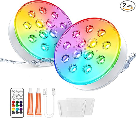 LOFTEK Pool Lights, Rechargeable Submersible LED Lights with Remote, IP68 Waterproof, 16 Colors Underwater Pool Light for Above Ground Inground Pool, Hot Tub, Shower, Bathub, Party, Vase, 2 Pack