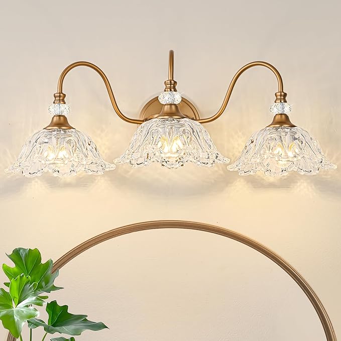 Vintage Bathroom Vanity Light, 3-Light Matte Deep Brass Finish Vanity Light with Flower-Shaped Clear Glass Shades, Retro Wall Sconce for Bathroom