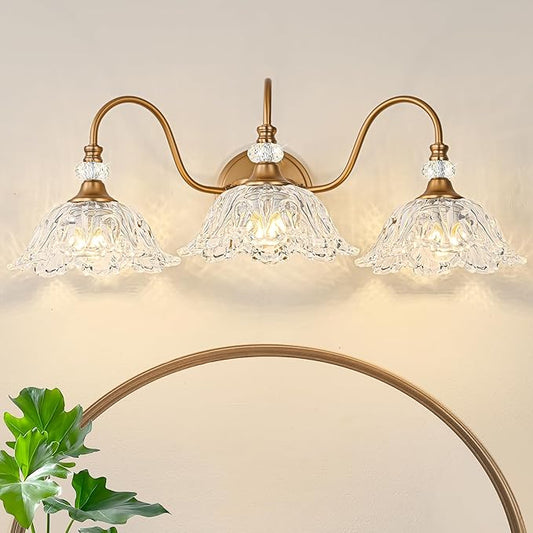 Vintage Bathroom Vanity Light, 3-Light Matte Deep Brass Finish Vanity Light with Flower-Shaped Clear Glass Shades, Retro Wall Sconce for Bathroom