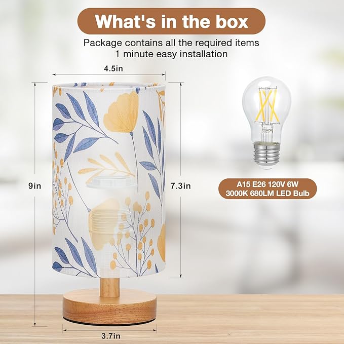 Fenmzee Ginkgo Table Lamp for Bedroom - Inline Control, Small Bedside Lamp with 3000K A15 LED Blub, Easy Assembly (Ginkgo White Shade, 9" Inline Control)