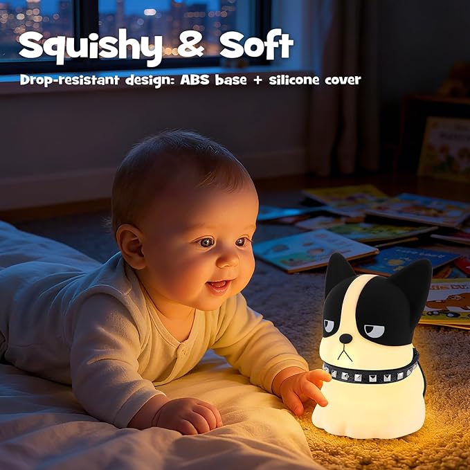 Squishy Puppy Night Light with RGB Mode 3 Brightness Adjustable Nursery Breastfeeding Nightlight Cute Novelty French Bulldog Animal Lamp Rechargeable Silicone Touch Bedside Lamp for Bedroom Dorm Decor