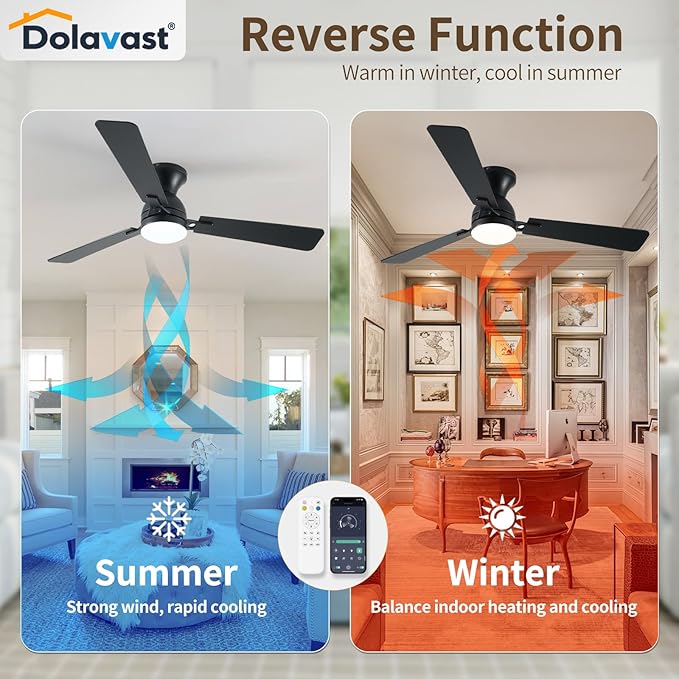 Ceiling Fans with Lights, 52 inch Low Profile Ceiling Fan with Light and Remote Control, Flush Mount, Reversible, 3CCT, Dimmable LED, Noiseless, Black Ceiling Fan for Bedroom, Living Room