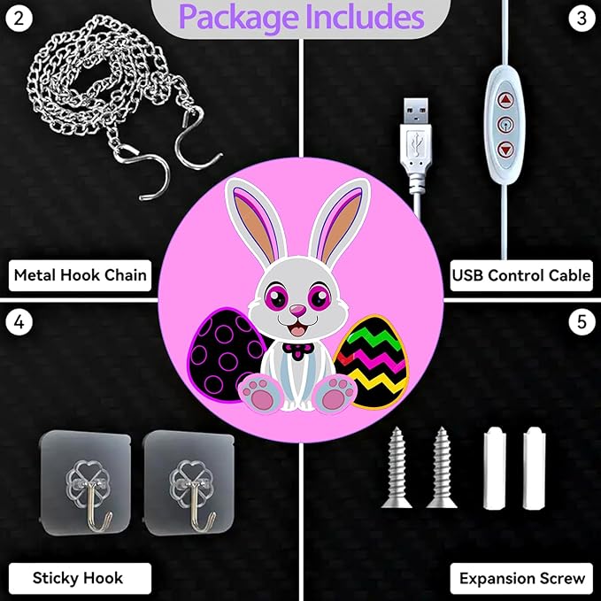 Easter Neon Sign, LED Light Up Bunny Eggs Decorations for Bedroom, Nursery Room, Classroom, Home, Acrylic Wall Mounted Lighted Cartoon Rabbit Decor, Easter Gifts for Boys and Girls, 14 x 13 Inches, USB Powered