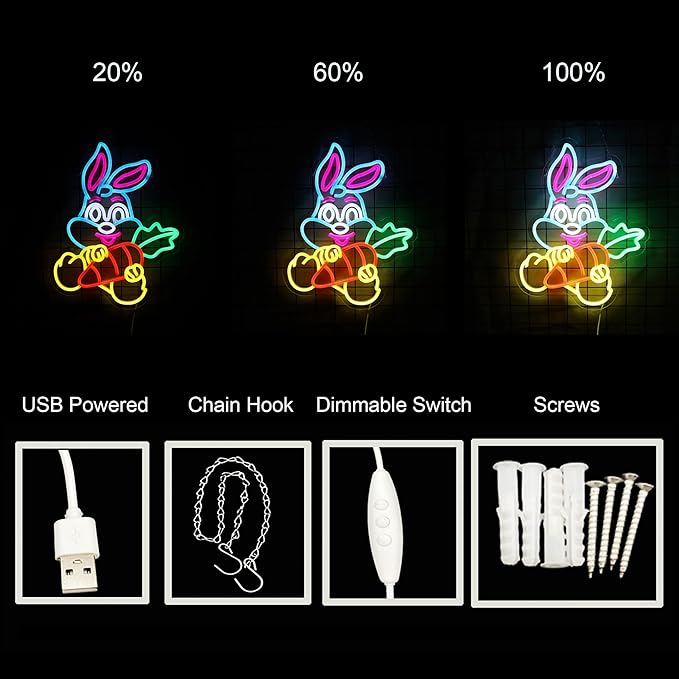 Rabbit with Carrot Easter Neon Sign Window Lights Led Bunny Neon Light Easter Decorations Rabbit Light Up Sign for Room Decor Wall Decor Holiday Gift