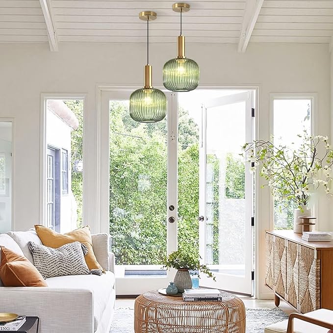KCO Lighting Vintage Green Glass Pendant Light Kitchen Island Lighting Farmhouse Ribbed Glass Pendant Lighting Large Globe Pendant Light Fixture Brass Gold Single Ceiling Hanging Light
