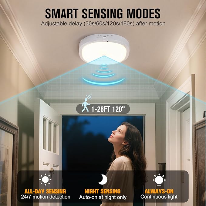 Rechargeable Motion Sensor Ceiling Light Indoor, 10000mAh Battery Operated Closet Light with Remote Control, Magnetic Mount Shower Light for Bathroom/Pantry/Garage