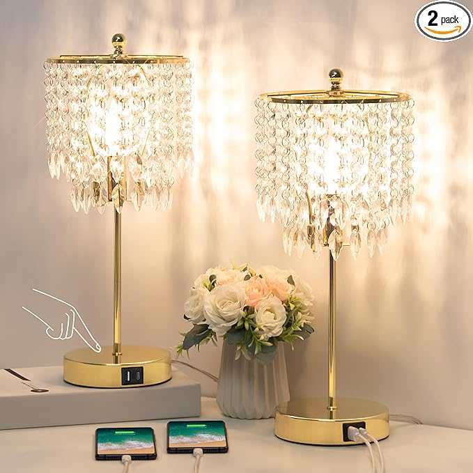 Boncoo Crystal Table Lamp Set of 2, 3-Way Dimmable Nightstand Lamp with 2 USB Charging Ports, Gold Bedside Lamp for Bedroom, Touch Lamp with Elegant Shade for Living Room, B11 LED Bulb Included