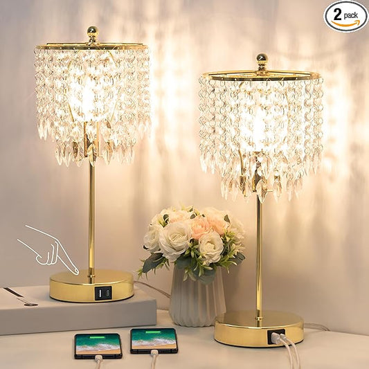 Boncoo Crystal Table Lamp Set of 2, 3-Way Dimmable Nightstand Lamp with 2 USB Charging Ports, Gold Bedside Lamp for Bedroom, Touch Lamp with Elegant Shade for Living Room, B11 LED Bulb Included