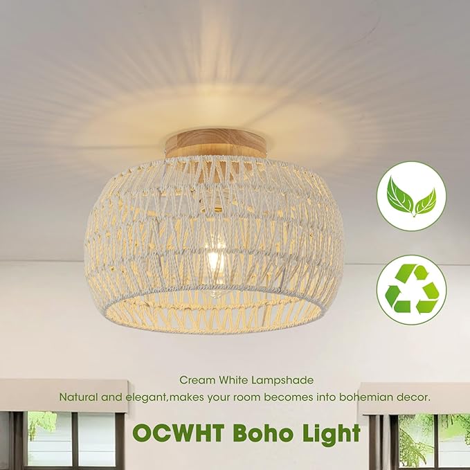 Boho Light Fixtures Ceiling ,Cream White Rattan Chandelier Ceiling Light,Small Rattan Flush Mount Ceiling Light Hand-Woven Chandelier for Nursery Light Fixture Kitchen Farmhouse Bedroom Chandeliers
