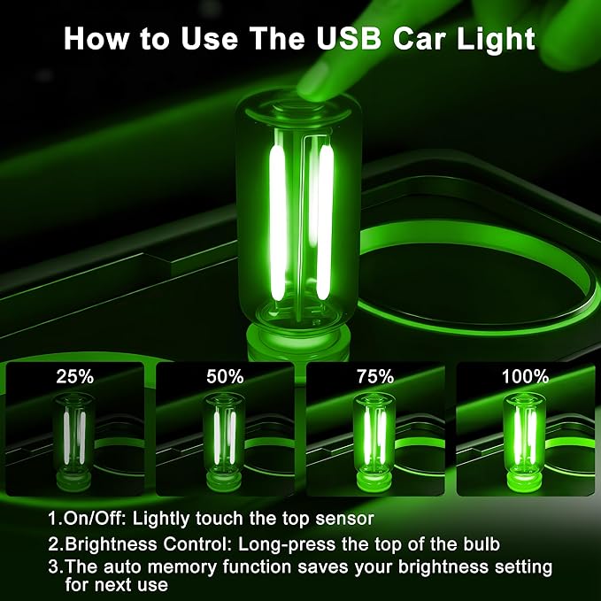 Car USB Night Light Touch Dimmable - 2-Pack Retro LED Filament Lamp for Truck Interior, Bedroom & Camping | Glass Bottle Ambiance Lighting (Green)