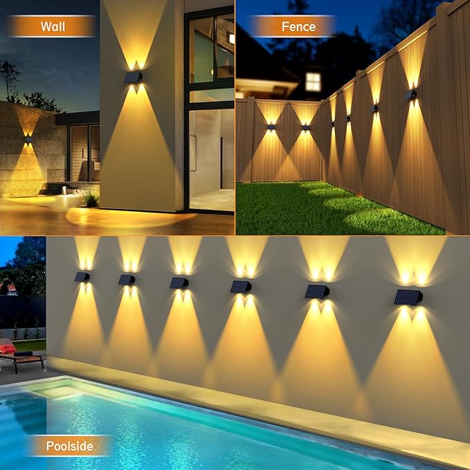Solar Fence Lights,12 Pack Solar Lights Outdoor Warm White + RGB Up & Down Solar Wall Lights Waterproof 100 Lumens Dusk to Dawn Solar Powered Fence Light for Backyard/Pool/Railing/Patio/Porch/Step