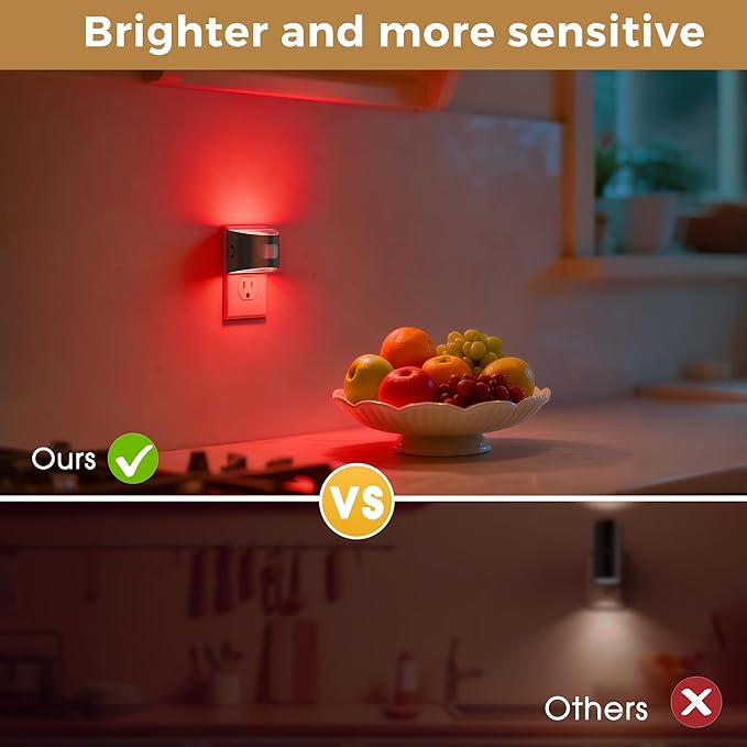L LOHAS LED Night Light with Motion Sensor & Dusk to Dawn Sensor, Night Lights Plug into Wall with 30-100lm Adjustable Brightness, Dimmable Night Light for Bathroom Hallway, Red, 4 Pack