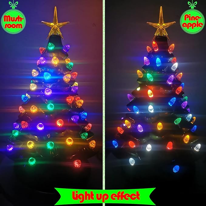 Ceramic Christmas Tree Replacement Lights Bulbs/130Pcs Medium Tree Pegs Accessories Including Mushroom/Acorn/Pineapple & 4 Pcs Toppers Stars (Pentagram and Heptagram)