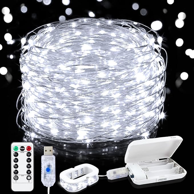 Aogist 50LED Fairy Lights 16ft Dual Power(USB/Battery) with Remote & Timer, 8 Modes Flexible Copper Wire Waterproof String Lights for Outdoor Christmas Wedding Bedroom Party Decor-1 Pack,White