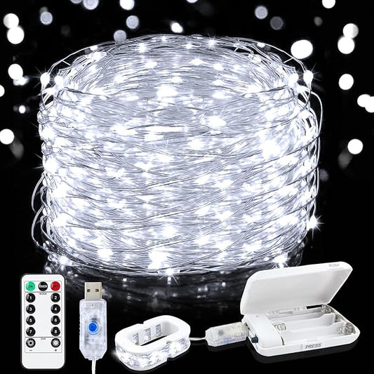 Aogist 2-Pack 50LED Fairy Lights 16ft Dual Power(USB/Battery) with Remote & Timer, 8 Modes Flexible Copper Wire Waterproof String Lights for Outdoor Christmas Wedding Bedroom Party Decor,White