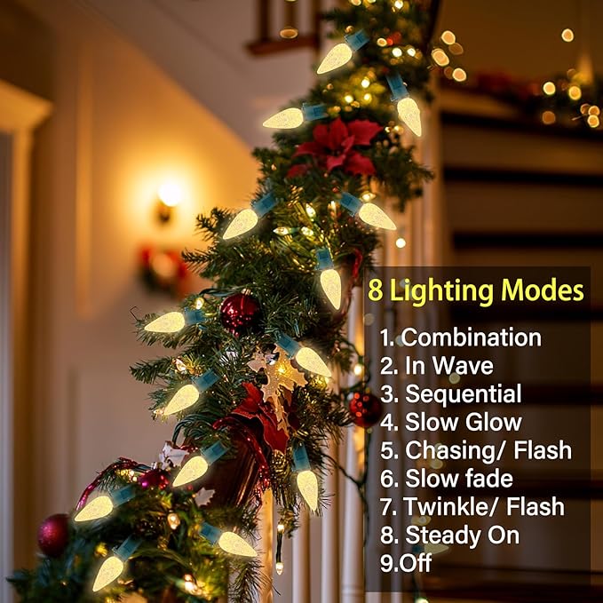2 Pack 100LED C6 Christmas Lights Battery Operated, 16.4FT C6 Christmas Lights Battery Powered with Timer, 8 Modes, Waterproof for Outdoor Garden Patio Indoor Xmas Tree Bedroom Party Warm White