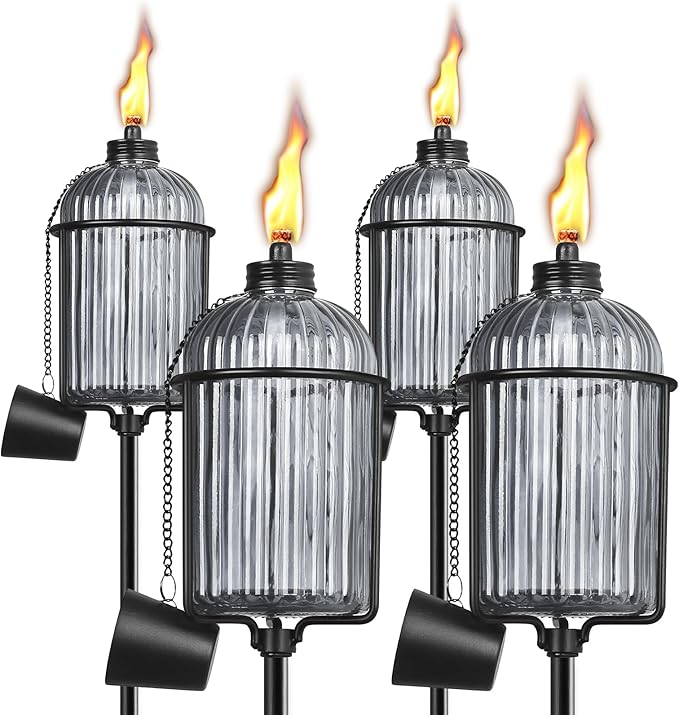 4 Pack Gray Glass Garden Torch, Colorful Outdoor Torch Garden Décor,61-Inch Upgraded Citronella Torches with 3-Prong Grounded Stake, Metal Light Torches for Party Patio Pathway